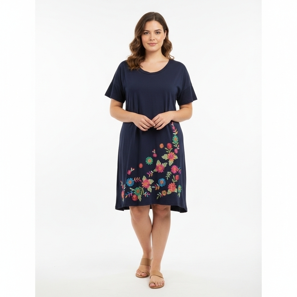 Umgee Black Embroidered Floral Short Sleeve T-Shirt Dress Size L
